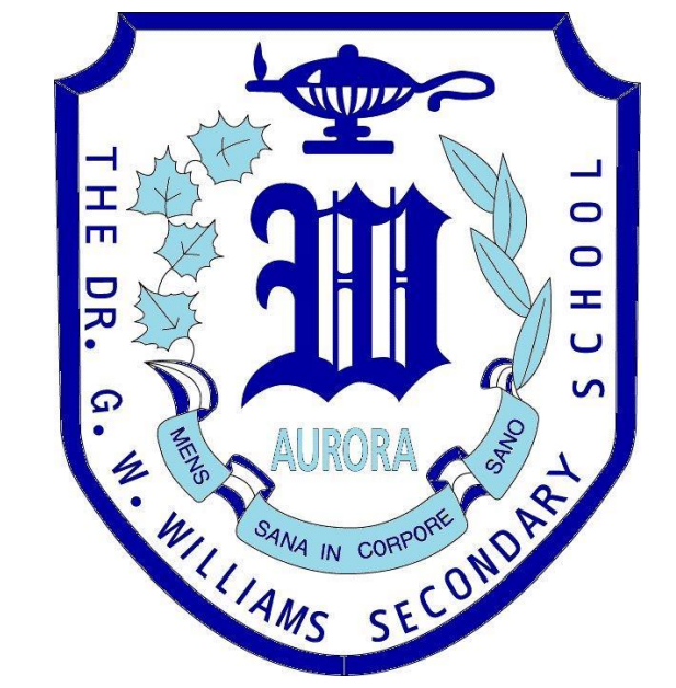 Blue and white crest featuring lamp, leaves and the words Dr. G. W. Williams S.S. and the school motto (Mens Sana in corpore sano)